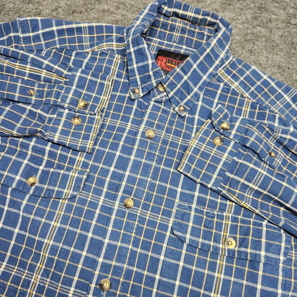 Wrangler Riggs Workwear Long Sleeve Button Down Plaid Shirt Large Blue Yellow